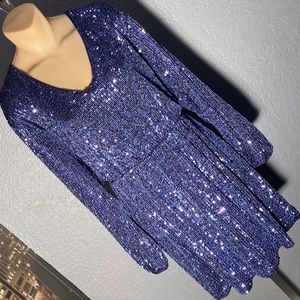 EXPRESS - NWT - purple sequin dress: bubble L/S, elastic waist, lined - L